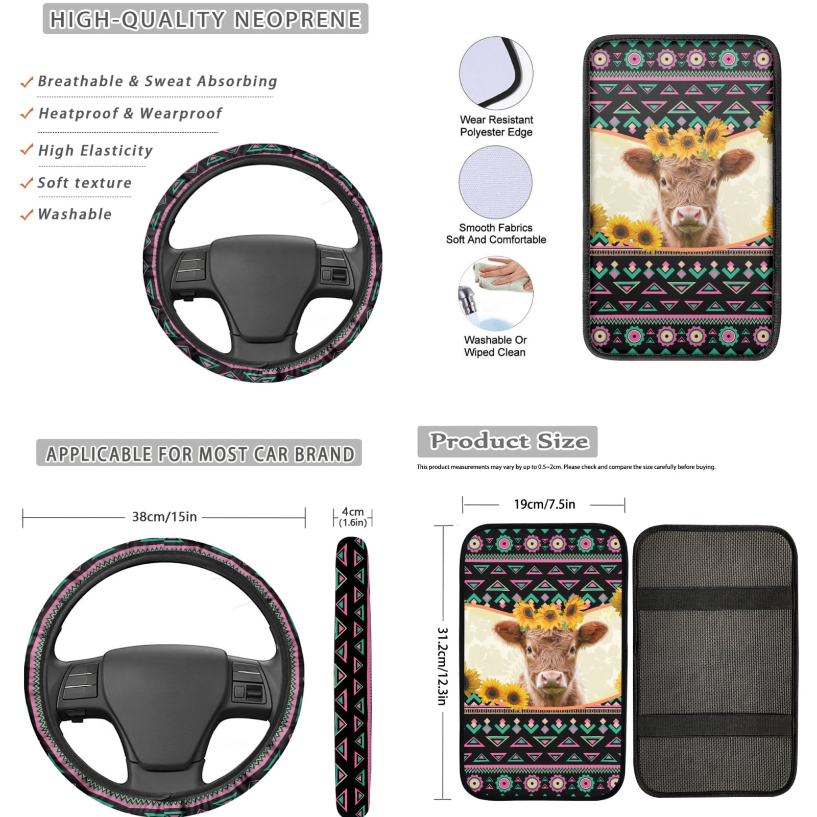Jeiento Highland Cow Auto Accessories Set Car Seat Cover Protector Car Floor Mats Steering Wheel Cover Seatbelt Shoulder Pad Armrest Cover Coasters Lipstick Holder Keychains 17 PCS Aztec Car Decor