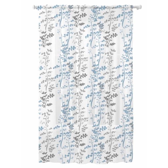 Sheer Curtains 96 Inches Long, Light Blue Grey Botanical Semi Sheer Curtains Light Filtering Window Treatment, Spring Floral Summer Farmhouse Privacy Voile Drapes for Living Room Bedroom 52x96 Inch
