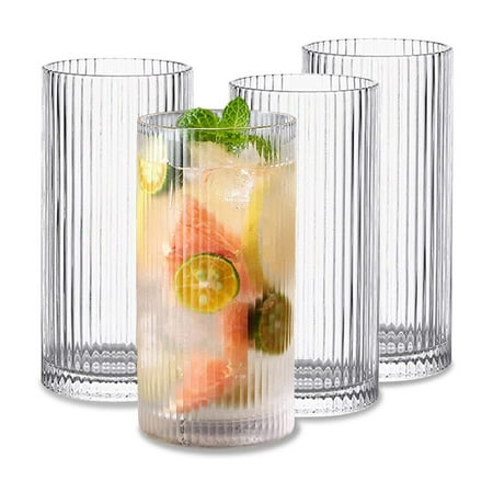INSETLAN Glass Cups Vintage Glassware Set of 4 Large, Origami Style Transparent Cocktail Glasses Set, Bar Beverages Ice Coffee Cup Juice Ripple Drinkware, 370ml (L)