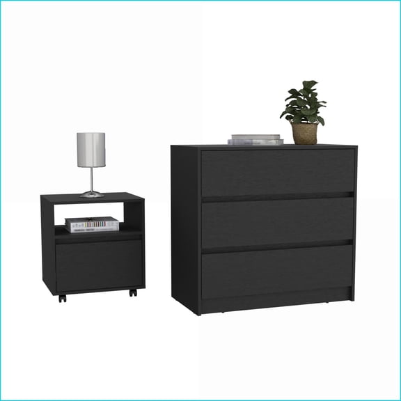 Bedroom Furniture Set, 2-Piece Nightstand   Double Dresser with Storage, Black for Bedrooms | Double Dressers | Black