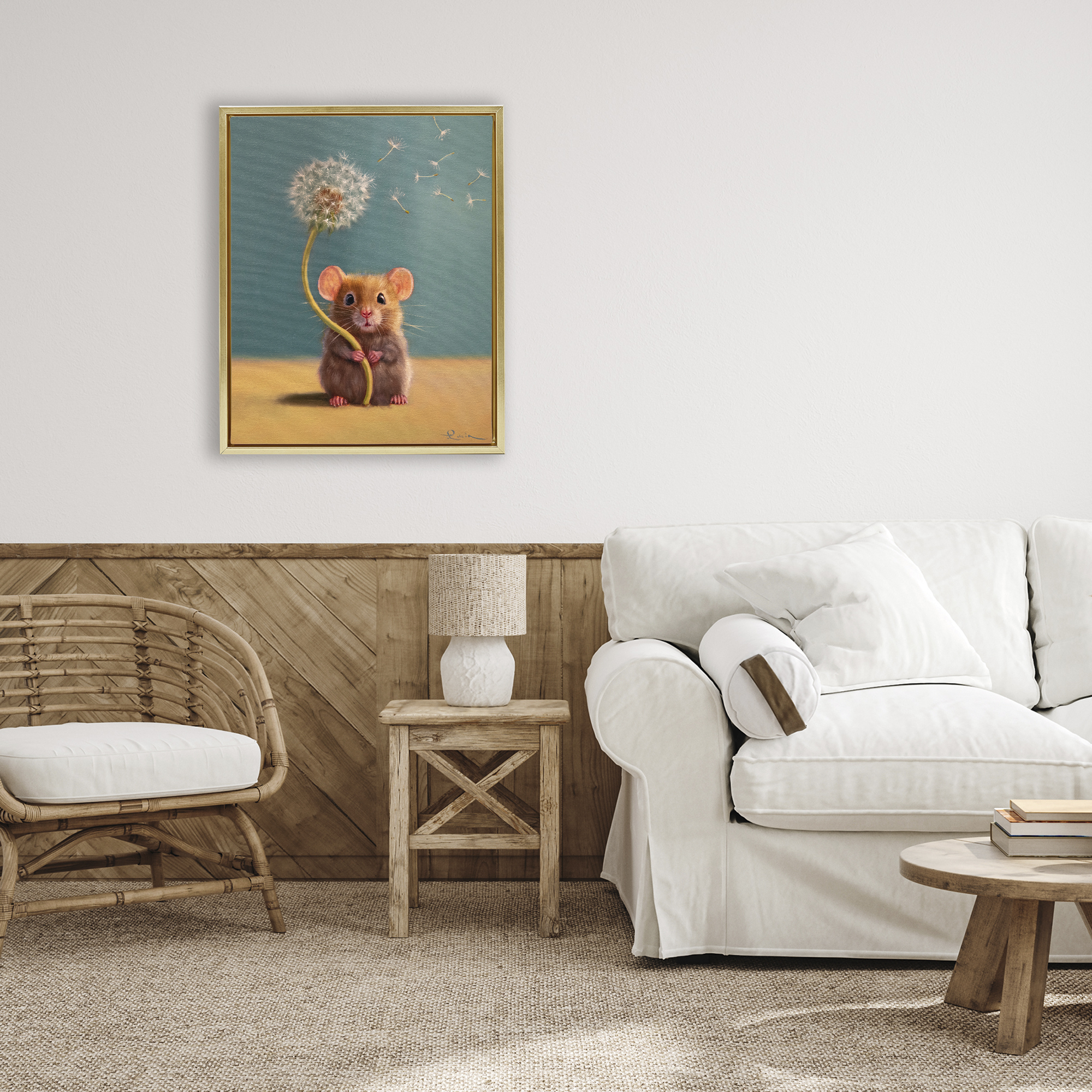 Tiny Wishes Mouse & Dandelion Gold Framed Floater Canvas Wall Art, design by Lucia Heffernan