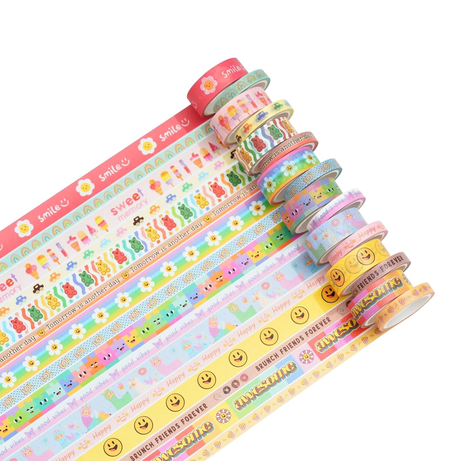 Cute Cartoon Washi Tape Set 16 Rolls Bright Colors Kawaii Masking Graphic Decorative Tapes for Arts, DIY Crafts, Journals, Planners, Scrapbook, Wrapping