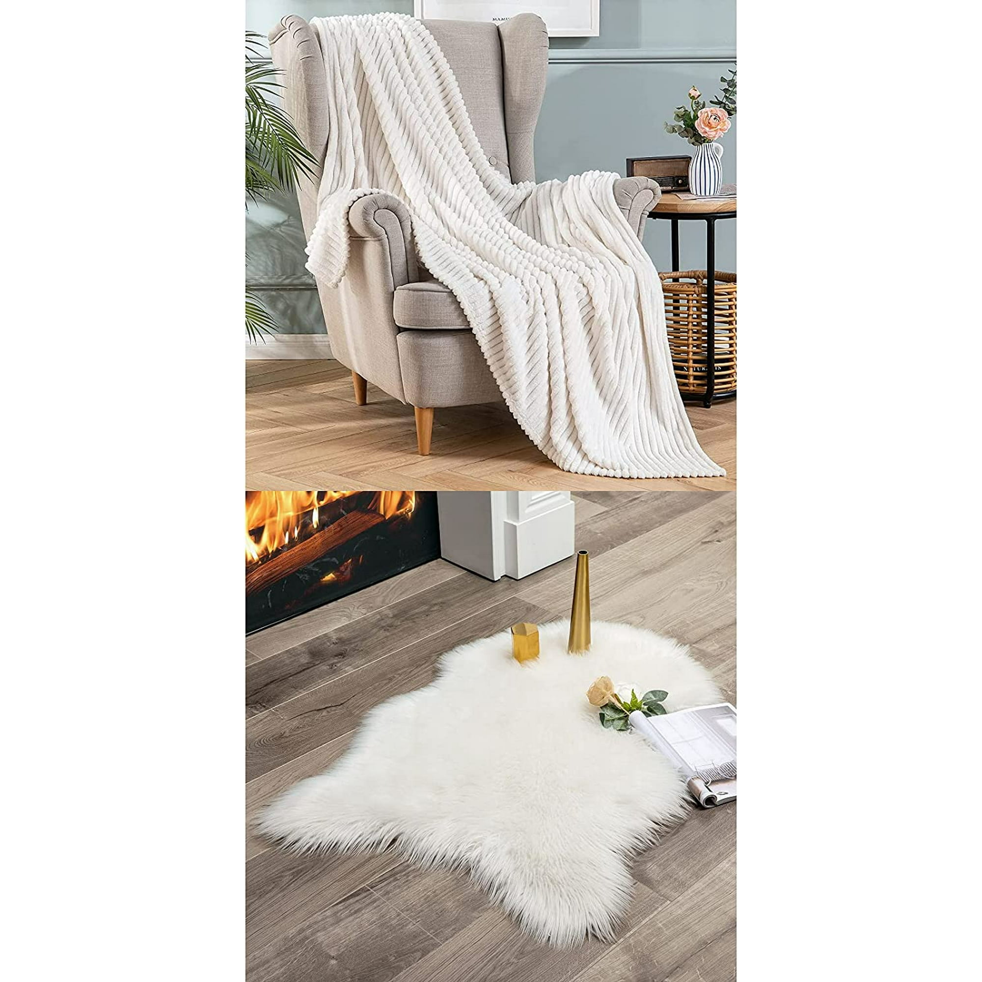 IGUOHAO Cream White Flannel Fleece Plush Bed Throw Blanket and Luxury Super Soft Fluffy Sheepskin Area Rug for Bedroom Living Room