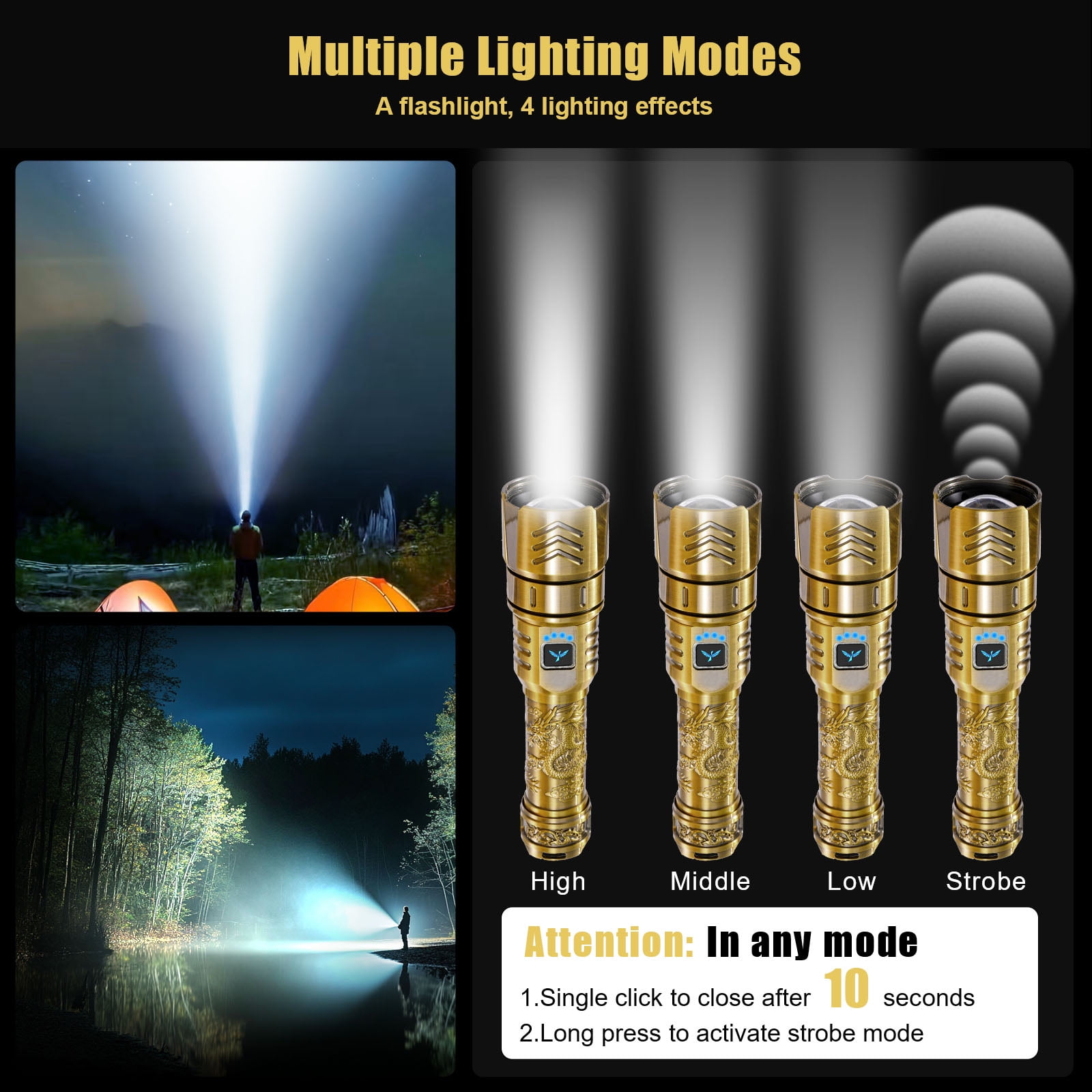 SKYFIRE LED High-brightness Gold Dragon Pattern Flashlight, 4000mAh rechargeable flashlight with ignition lens, zoom function, four modes, suitable for camping, outdoor and household use