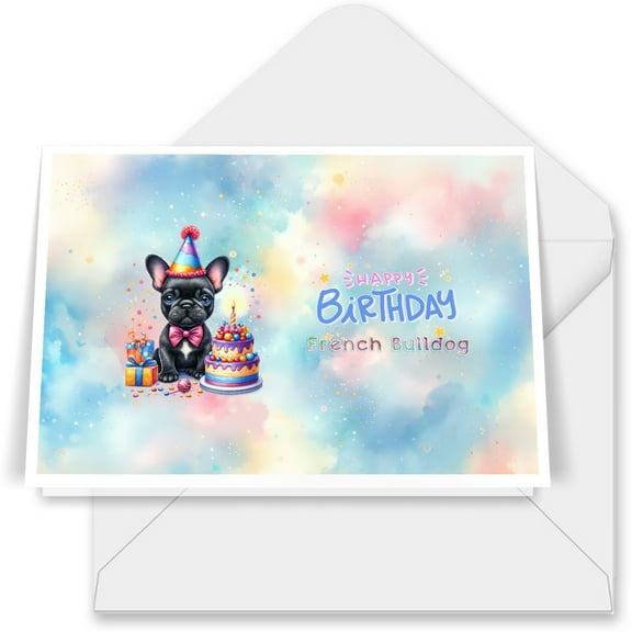 Happy Birthday Cute Puppy French Bulldog with Cake Gifts Party Hat 7x5in Folded Greeting Card Dog Lover Gifts Single Note Card with Envelope - 00029