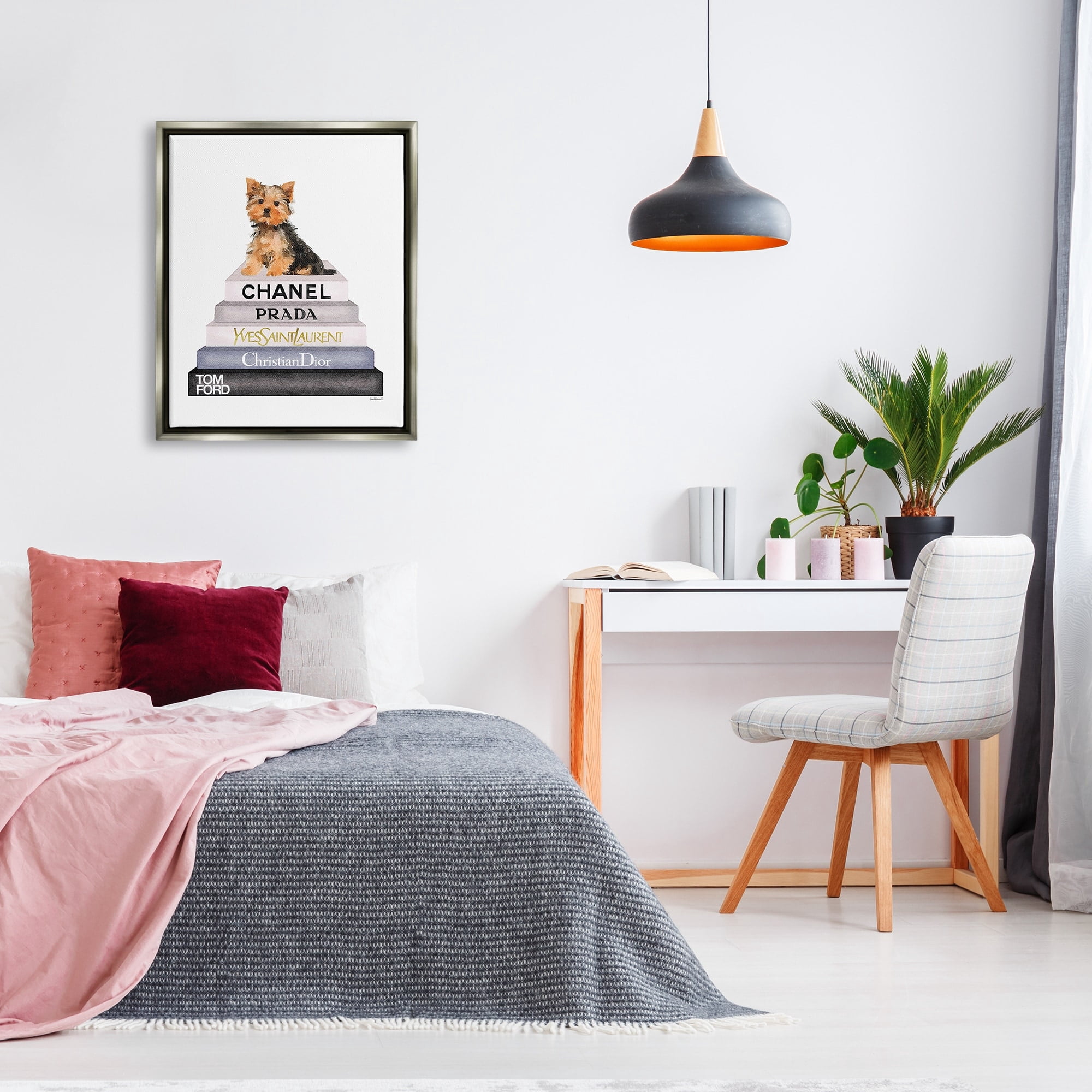 Stupell Industries Book Stack Yorkie Dog Glam Fashion Watercolor Luster Gray Framed Floating Canvas Wall Art, 24x30, by Amanda Greenwood