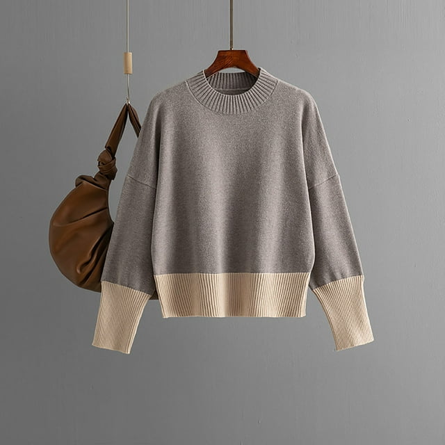 Suéter de cuello alto para mujer, jersey de manga larga, informal, ligero, de punto suave, con bloques de color de doble cara, abrigo para mujer