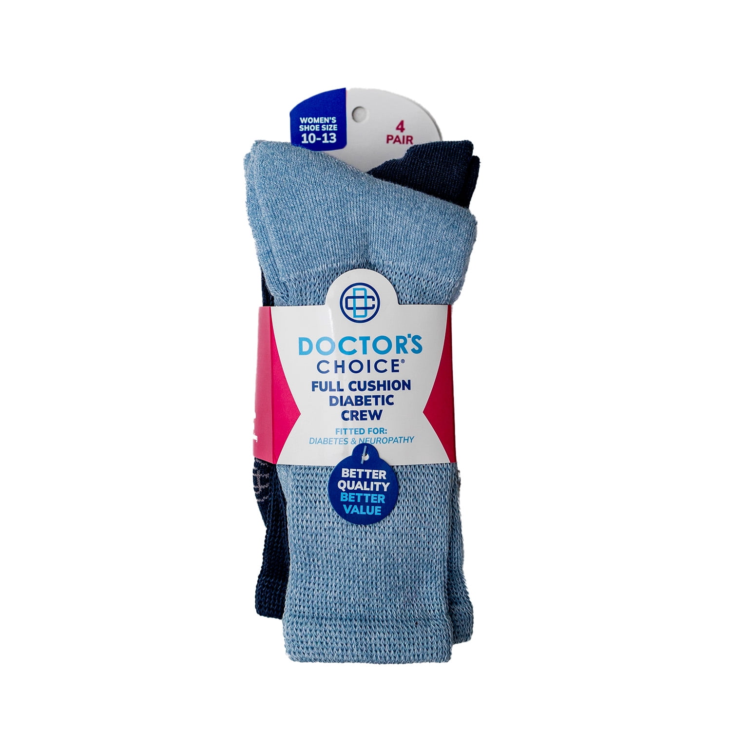 Doctor's Choice Diabetic Full Cushion Crew Women's Socks, Large, Women's Shoe Size 10-13, 4 Pack