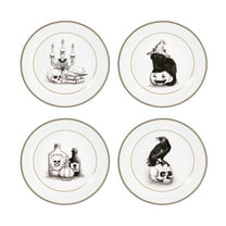 Bico Golden Vintage Halloween Black and White Ceramic 8.75 inch Salad Plates, Set of 4, Microwave & Dishwasher Safe, for Salad, Decoration