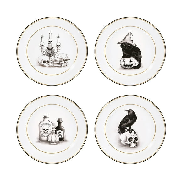 Bico Golden Vintage Halloween Black and White Ceramic 8.75 inch Salad Plates, Set of 4, Microwave & Dishwasher Safe, for Salad, Decoration