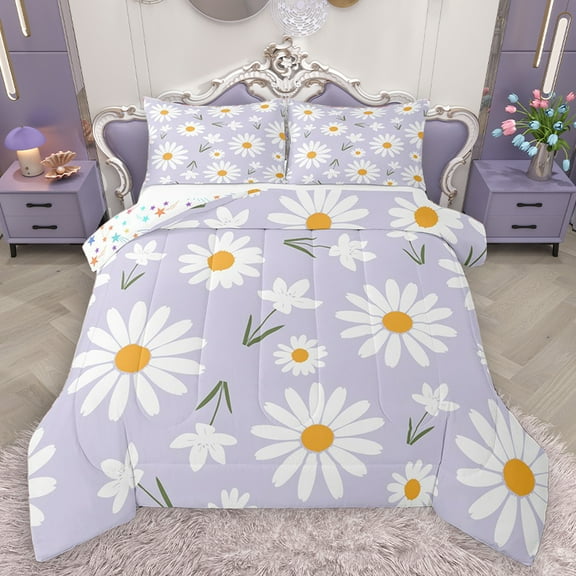 Homewish Cute Plum Cartoon Bedding Comforter Set, Groovy Flower Floral Twin Comforter Sets, Kawaii Princess Style Reversible Bedding Set, Ultra Soft Bedroom Decor, 2 Pieces