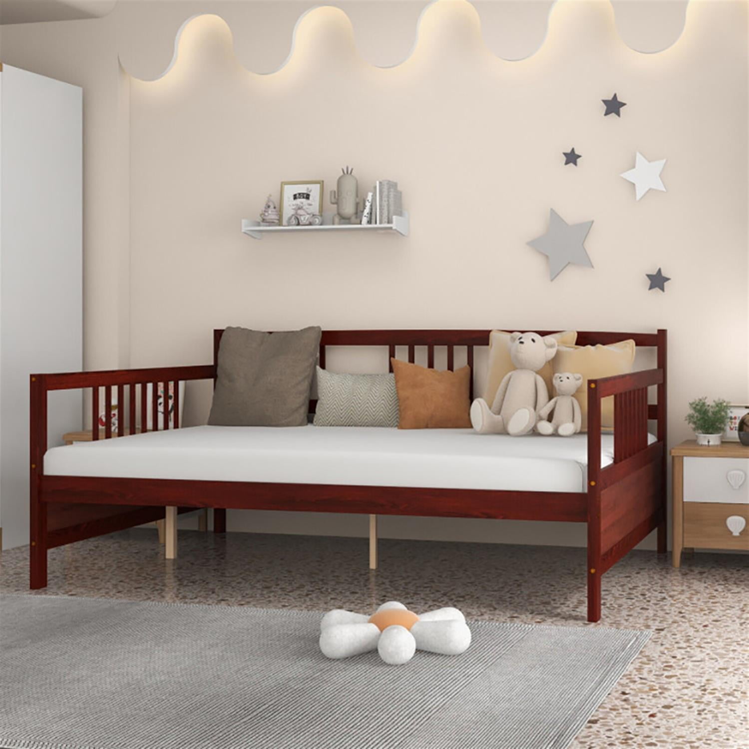 Demi Bonn Classic Wooden Full Size Daybed Frame with Guardrails, Modern Bed Frame for Teens, Brown