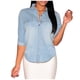 thumbnail image 1 of Camisa vaquera vintage lavada de manga larga para mujer - Blusa clásica de estilo retro con botones - Detalles desgastados, 1 of 7