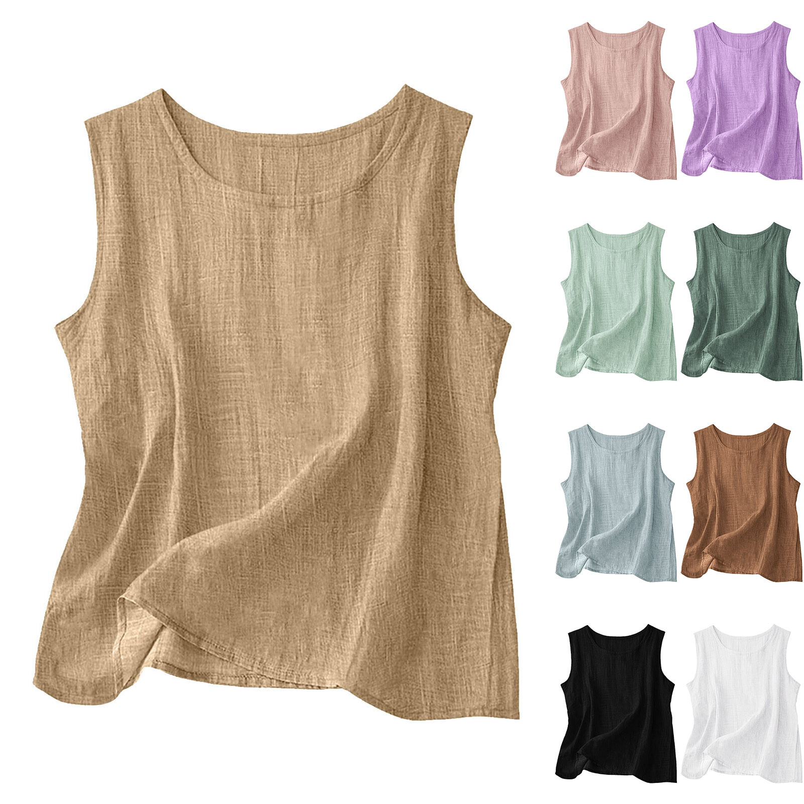 Auralook Cotton Linen Tank Tops for Women Solid Casual Summer Gauze Shirt Basic Sleeveless Round Neck Loose Vest Beach Vacation Clothes