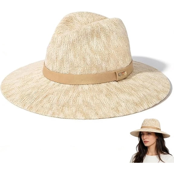 Packable Knit Fedora Hat – Lightweight Travel Fedora with Wide Brim, Crushable Straw Blend Sun Hat for Women, Foldable Vacation Beach Hat One Size