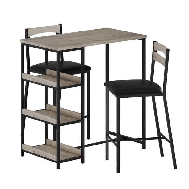 Juego de Mesa y 2 Sillas para Comedor - Estilo Industrial con Estantes de Almacenamiento, Asientos Tapizados en PU y Estructura de Acero Negro - Color Gris Madera