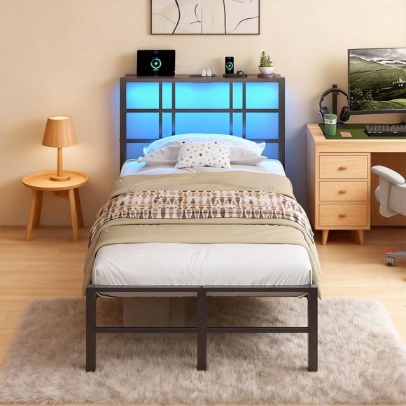Ktaxon Twin Bed Frame with Storage Headboard, LED Lights, and Charging Station, Single Metal Platform Bed, Black