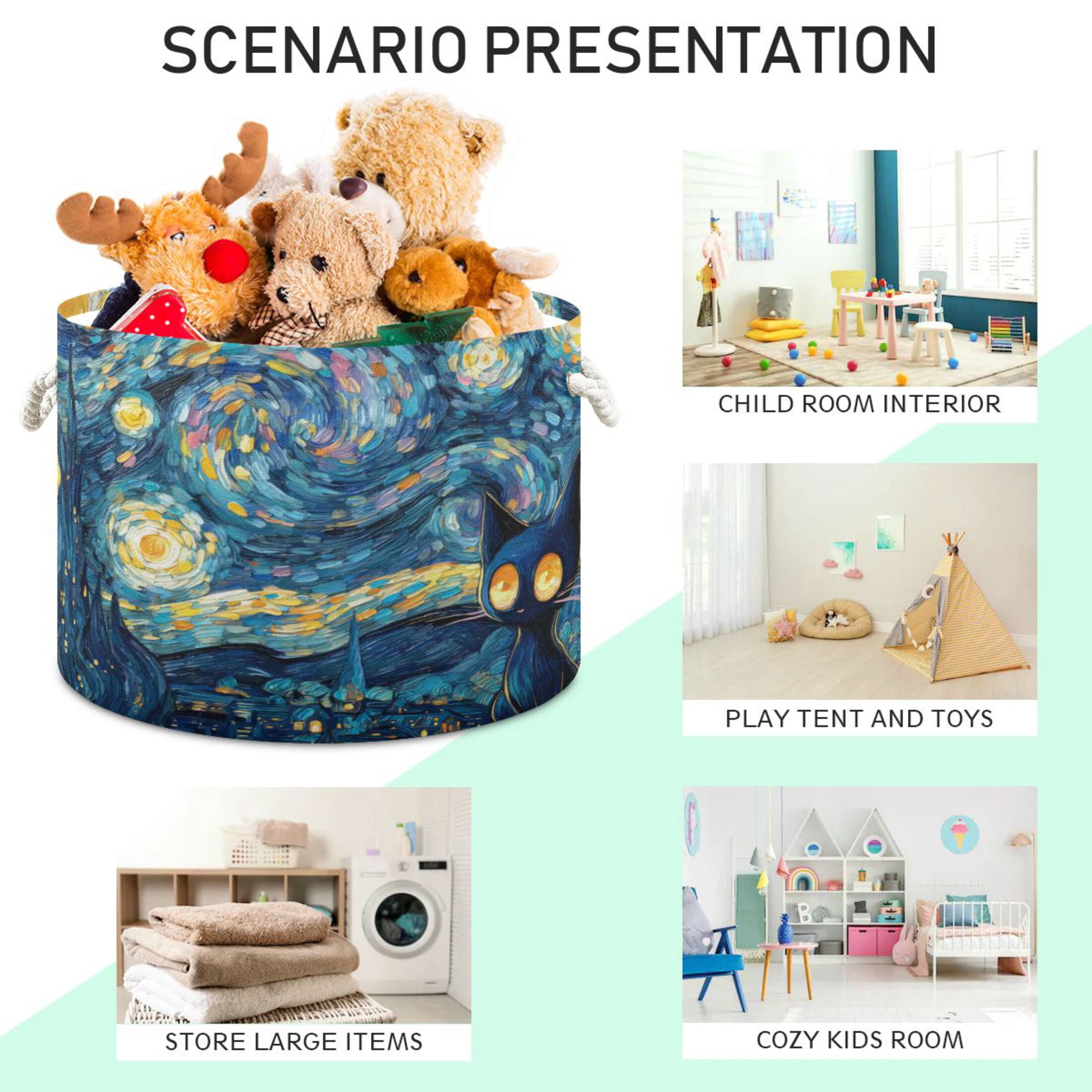 Round Toy Storage Basket Foldable Storage Basket for Home Decor Laundry Basket20" x 14" Mysterious Black Cat
