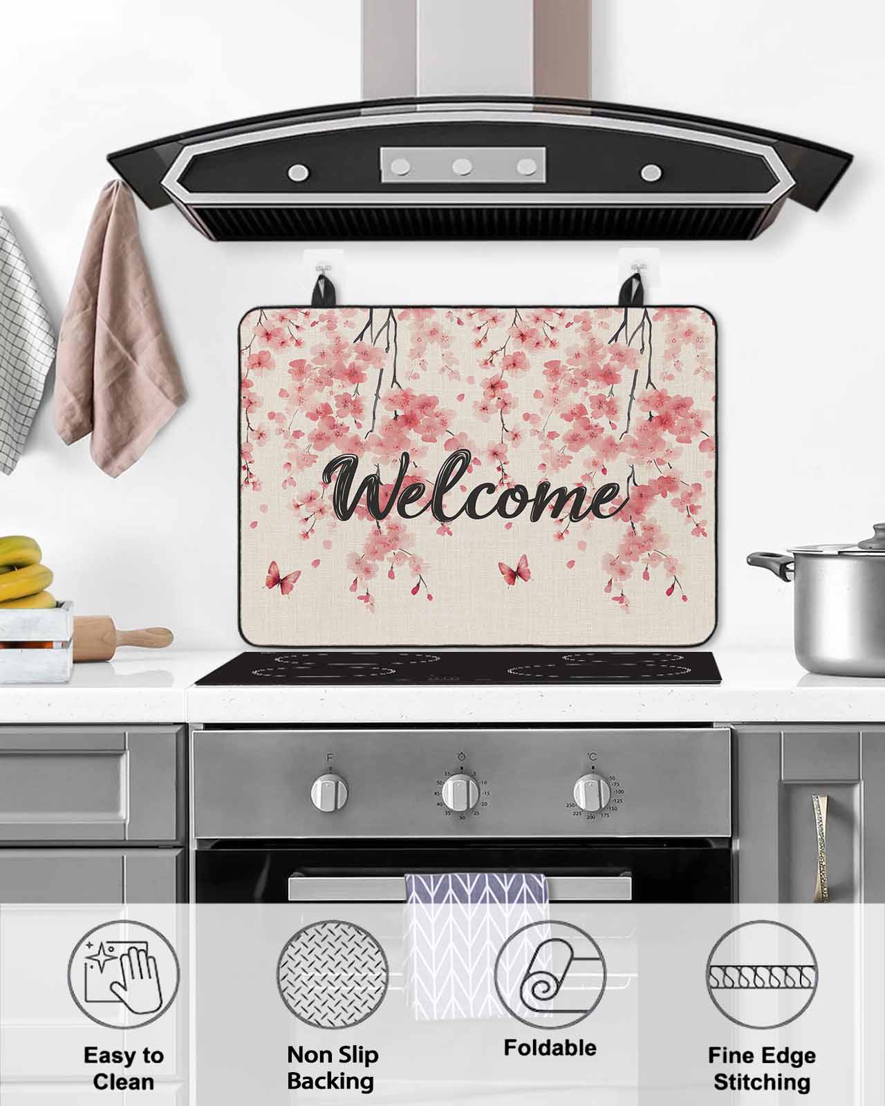 nqOlkjepod Large Induction Cooktop Protector Mat 24"x21", Pink Floral Stove Top Covers for Electric Stove, Spring Pastoral Botanical Blossom Retro Stove Burner Cover Mats, Glass Top Stove Cover