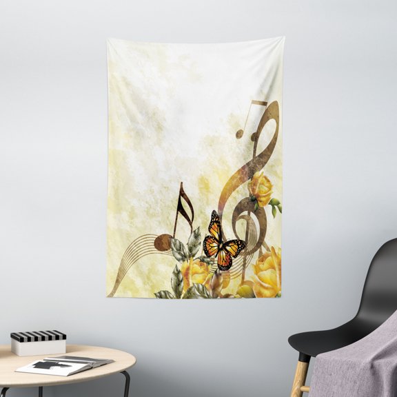 Music Tapestry, Music Roses Romantic Antiquity Victorian Classic Bridal Floral Illustration, Wall Hanging for Bedroom Living Room Dorm Decor, 40W X 60L Inches, Sepia and Yellow, by Ambesonne