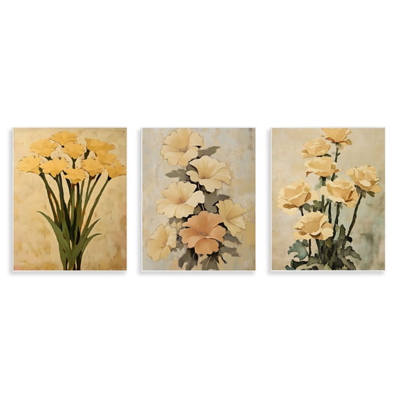 Stupell Industries Vintage Yellow Daffodils & Roses Floral Painting Unframed Art Print Wall Art, 11 x 14, Set of 3