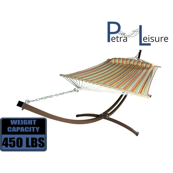 Petra Leisure 15 Ft. Indoor/Outdoor Heavy Duty Brown Steel Arc Hammock Stand w/Premium Quilted Hammock Bed. (Spring Stripe)