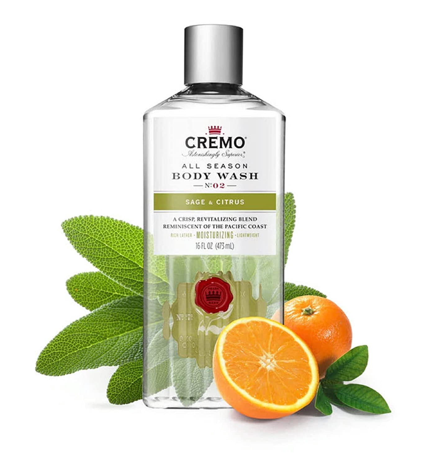 Cremo Rich-Lathering Sage & Citrus Body Wash, A Revitalizing Combination of Bright Mandarin, Dry Herbs and White Cedar, 16 Oz (2-Pack)