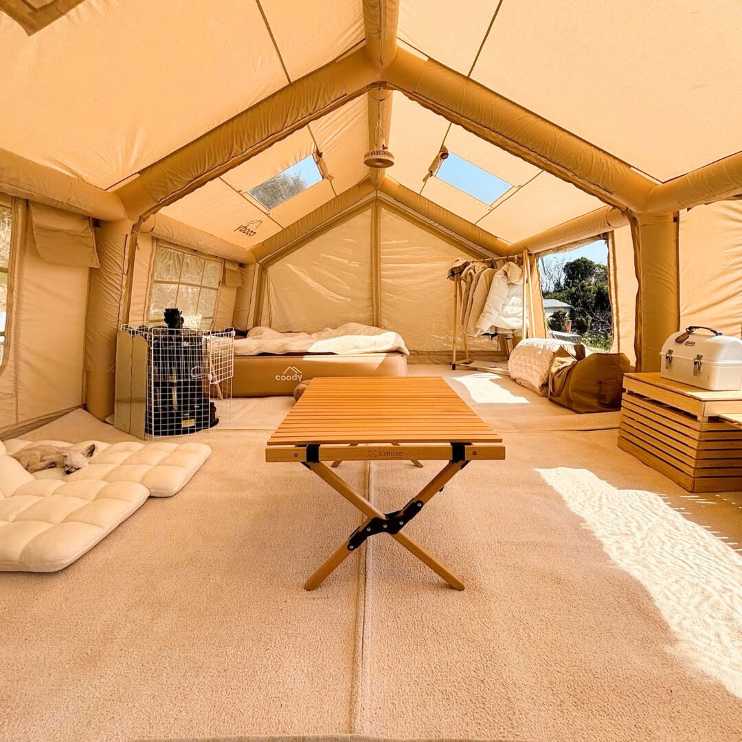 Coody 17.2 (Begie, Large) Inflatable Tents for Camping with Stove Jack, 2-10 Person Luxury Canvas Blow Up Tent, 2 Room, Easy Setup Large Inflatable House with Pump