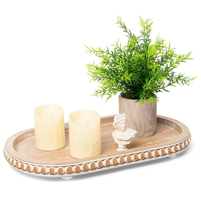 Hpc Decor Bandeja Ovalada De 15.0 In Para Decoración Del Hogar, Bandeja De Madera Marrón Con Cuentas, Bandeja Decorativa Para Servir, Bandejas De Madera Rústicas Para Centro De Mesa Vintage, Cocina, M