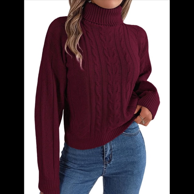 Suéter de Mujer con Cuello Redondo, Botones Texturizados, Mangas Farol, Jersey de Punto Vino Tinto L
