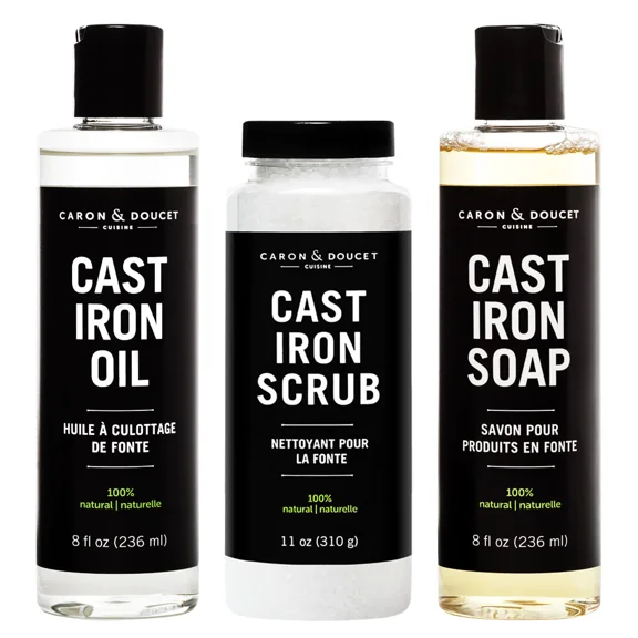 CARON & DOUCET - Ultimate Cast Iron Set: Seasoning Oil, Cleaning Soap & Restoring Scrub | 100% Plant-Based & Best for Cleaning Care, Washing, Restoring & Seasoning Skillets, Pans & Grills!