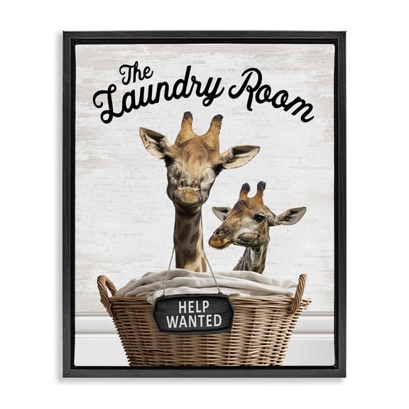 Stupell Industries Help Wanted Laundry Room Giraffes Quotes and Sayings Painting Black Floater Framed Canvas Art Print Wall Art, 17 x 21