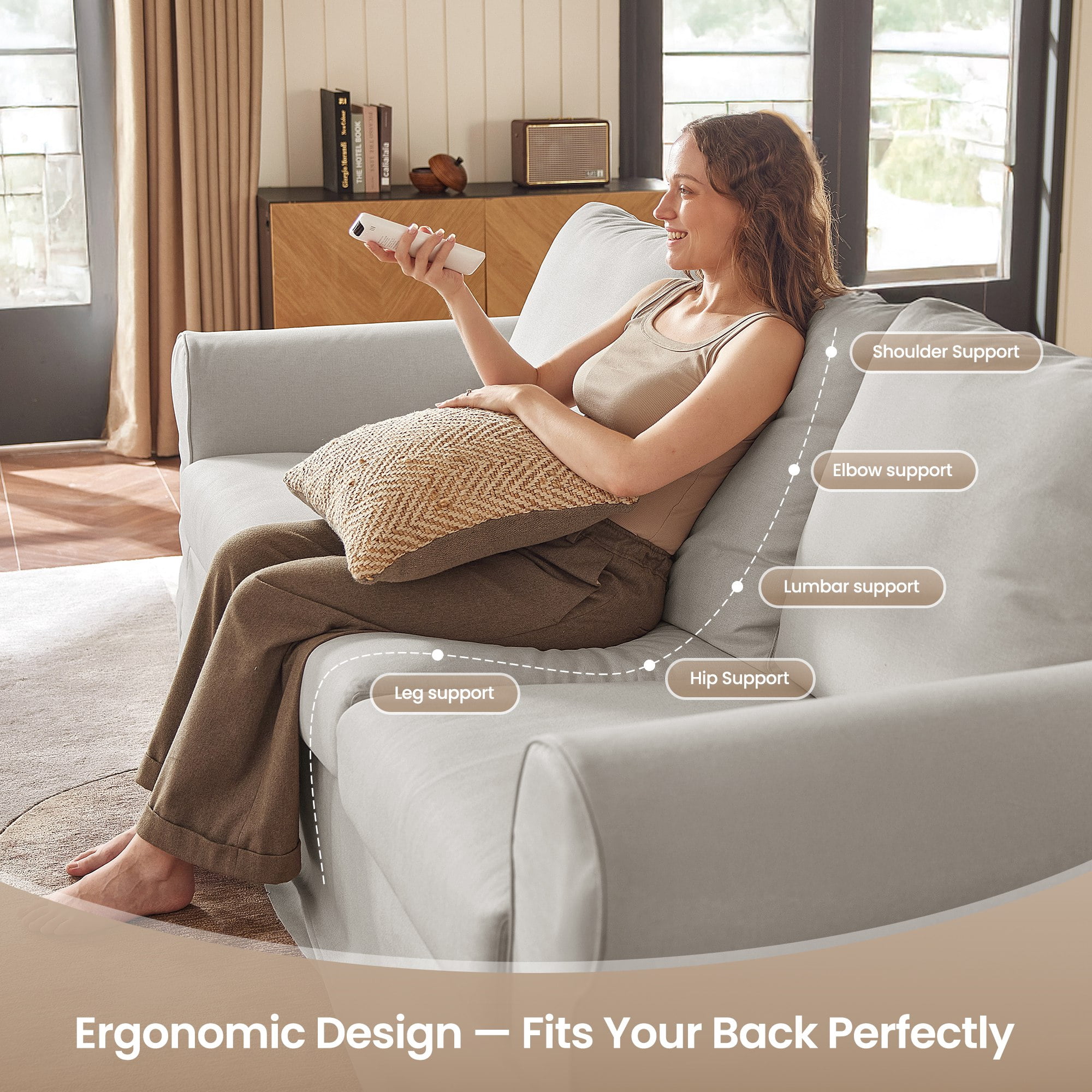 Vorthio 89" 3-Seater Couch for Living Room, Contemporary Fabric Sofa with Rolled Arm, Gray