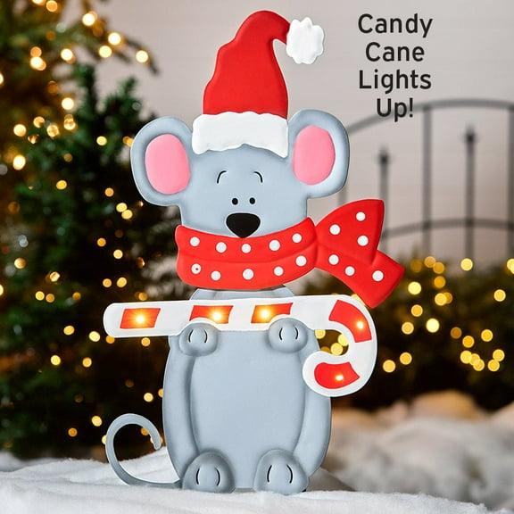 Christmas Mouse Garden Stake With Lighted LED Candy Cane