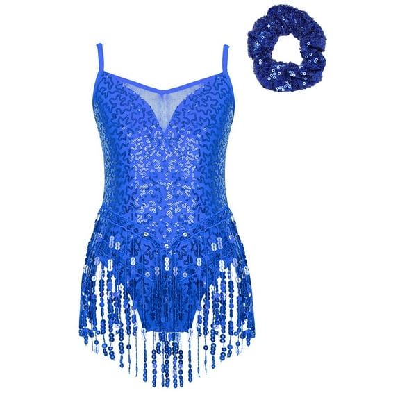 TTAO TTAO Girls Sequins Fringe Latin Dance Dress Leotard with Hairband Set Jazz Ballroom Performance Costume Royal Blue 8