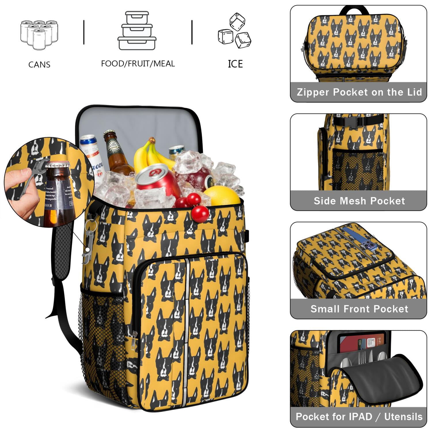 Travel Cooler Bag - Boston Terrier Camping Beer Cooler Backpack with Bottle Opener- Waterproof Insulated Picnic Backpacks - Cooler Bag for Beach