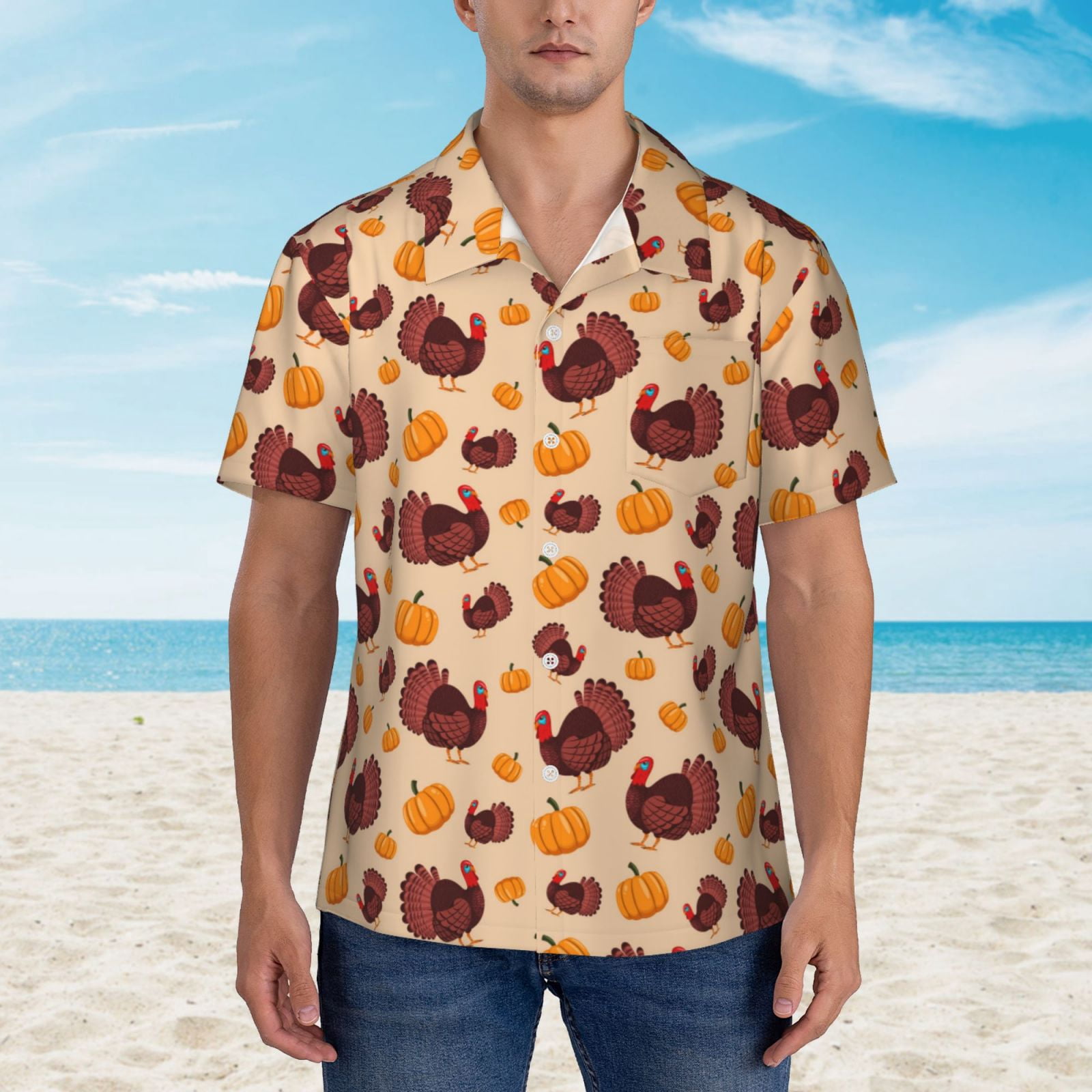 Logiee Thanksgiving Turkey and Pumpkin Print Mens Hawaiian Shirts,Loose-Fit Short Sleeve Button Down Tropical Aloha Beach Shirt,Summer Vacation Wedding Tops,X-Large