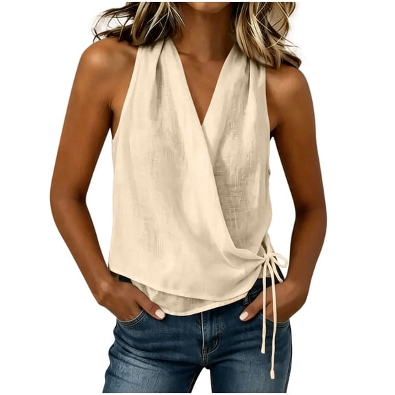 TEAJOPSUU Loose Linen Tank Tops for Women Summer Sleeveless Wrap V Neck Shirts Trendy Tie Side Solid Slim Fit Casual Tops for Everyday Beach Vacation Beige