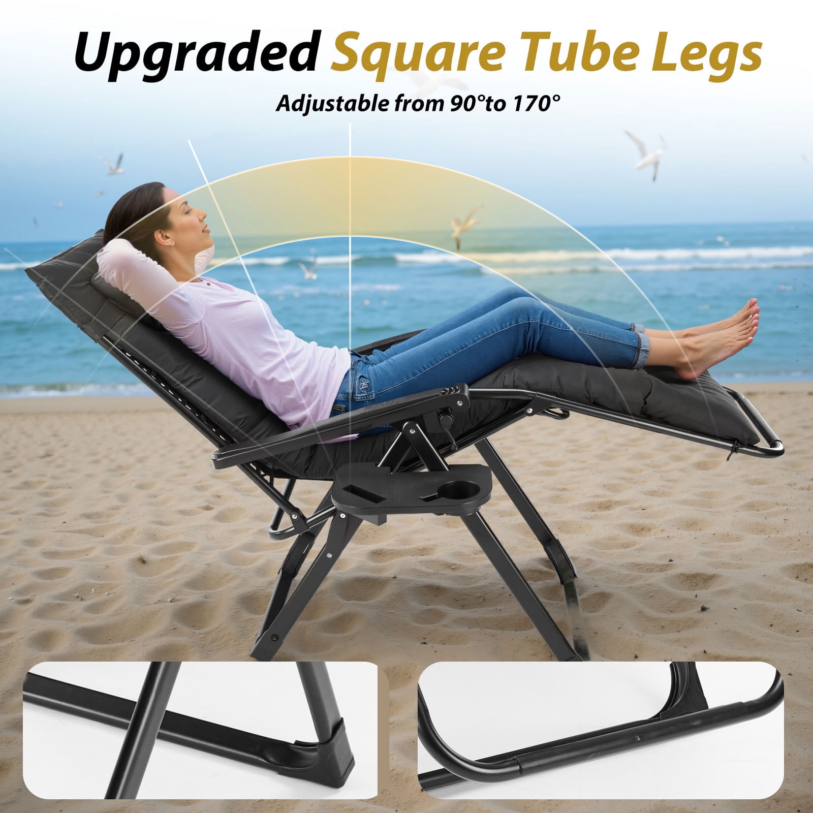 MAYEERTY Lockable Outdoor Zero Gravity Chair, Foldable Reclining Patio Lounge Chair with Removable Cushion & Cup Holder Tray, for Lawn Pool Beach Balcony
