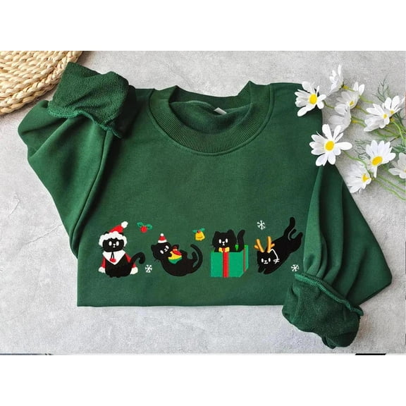 Embroidered Christmas Cats Sweatshirt, Christmas Embroidered Sweater, Black Cat Lover Gift,Gift for Cat Lover, Unisex Sweatshirt-LINHKHA
