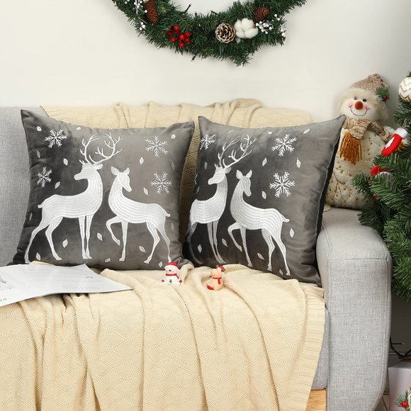 Lewondr Christmas Soft Velvet Throw Pillow Cover 2 Pack Deer Snowflake Embroidery Decorative Throw Pillow Case Luxurious Sofa Cushion Cover for Home Christmas Decoration 18""x18""(45x45cm) Gray