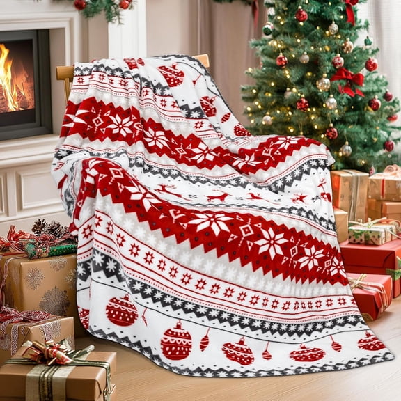 Christmas Blanket for Couch, Holiday Christmas Reindeer Snowflakes Flannel Fleece Blanket, Soft, Cozy, Plush, Warm Winter Cabin Decor, (Red Reindeer, 50x60inches)