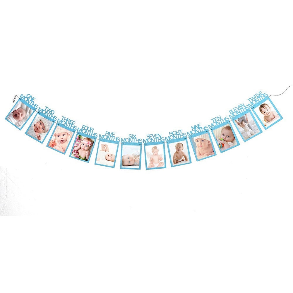 SDLZ9ky Baby Kids Birthday Gift Decoration 1-12 Month Picture Banner Monthly Photo Wall Blue 