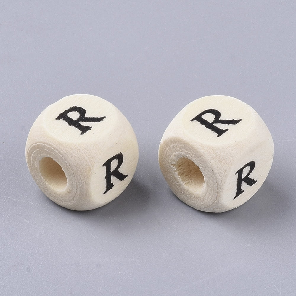 Printed Natural Wood Beads Horizontal Hole Cube with Initial Letter PapayaWhip Letter.R 10x10x10mm Hole: 3.5mm about 1000pcs/500g