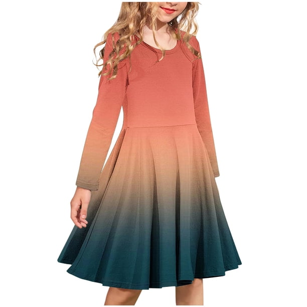 Odeerbi Niñas Manga Larga Gradiente Ballet Vestidos Stretchy A Line Twirly Skater Vestido Escuela Recital Cuello Redondo Vestido