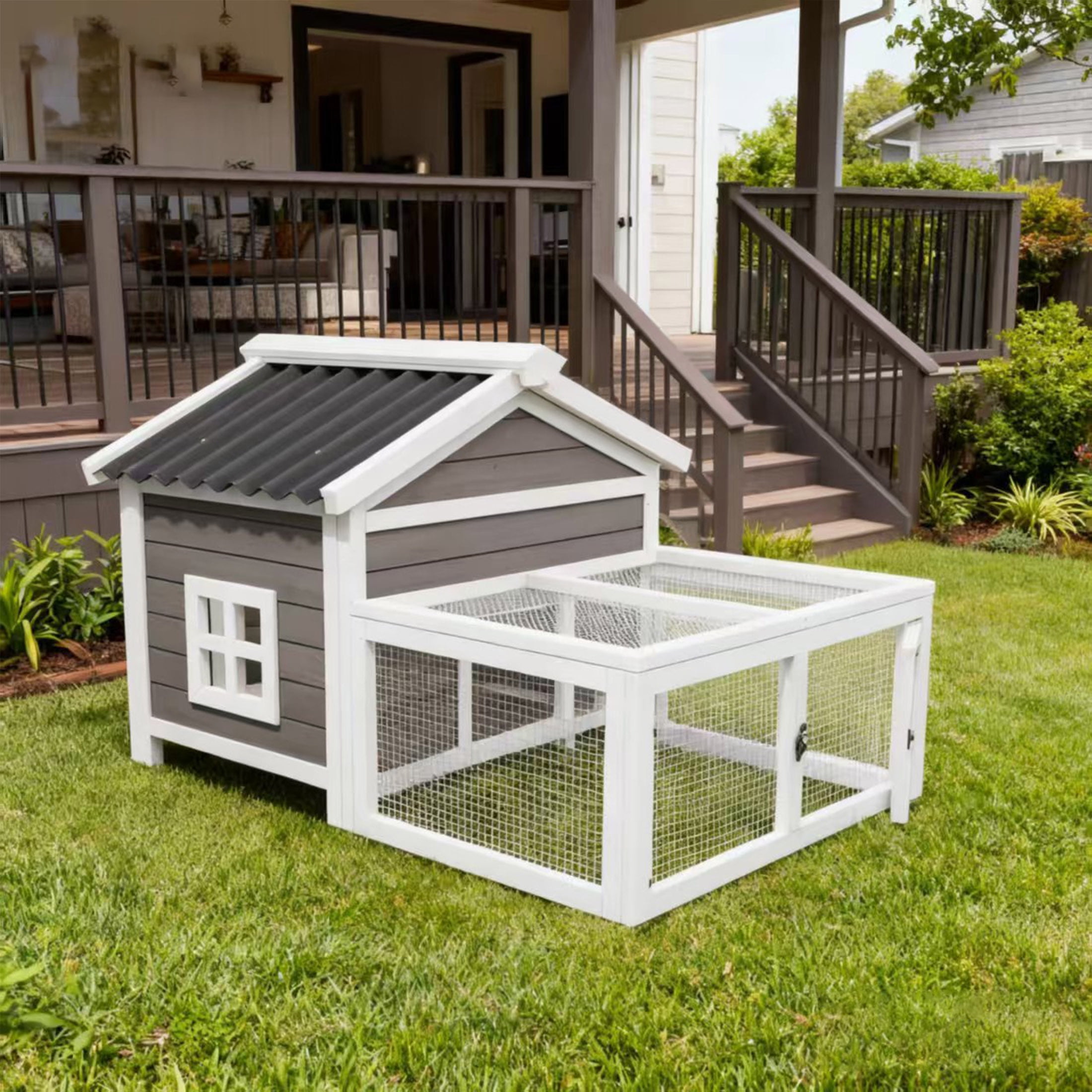 Indoor Wooden Rabbit Hutch with Wire Mesh Run,Outdoor Predator Proof Critter Cage,2 in1 Weatherproof Guinea Pig Hideout, Grey
