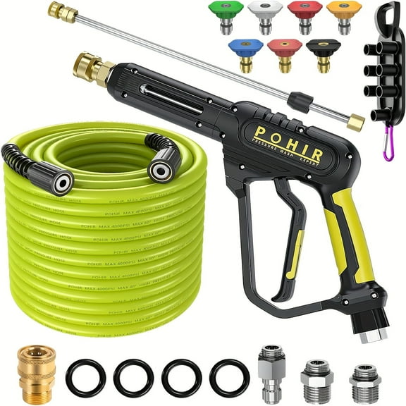 50ft 3600 PSI Pressure Washer Hose And Gun, 3/8'' Quick Connect Swivel, M22 15mm/14mm Fittings, 30'' Extension Wand & 7 Nozzle Tips - For Home & Outdoor Cleaning