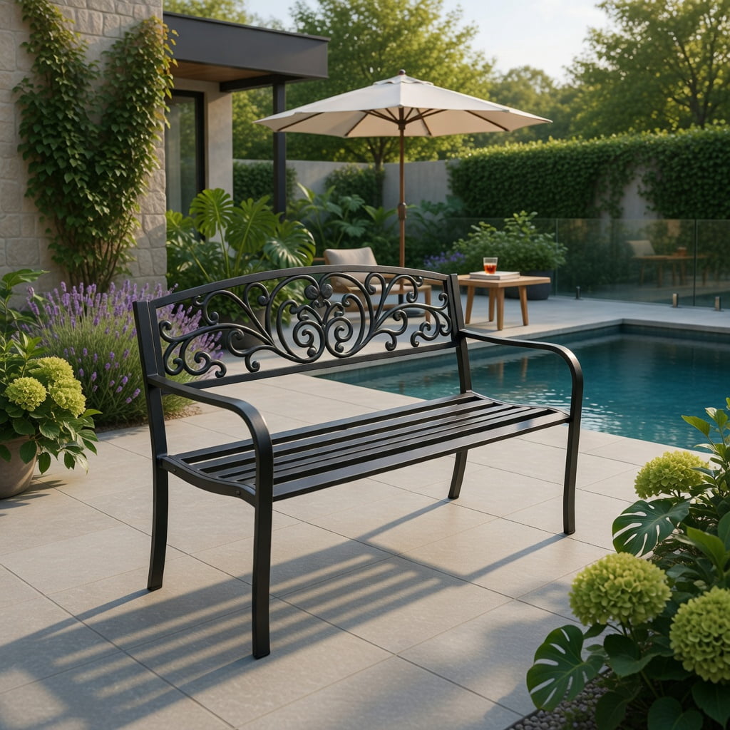 Hommoo 50" Outdoor Steel Frame Bench with Cast Iron Mesh Backrest, Heavy-Duty Patio, Garden & Deck Seating, Black