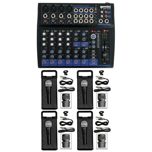 Gemini GEM-12USB 12 Channel Bluetooth Mixer w/USB 12 Ins/2 Bus/3 Band EQ 4) Mics