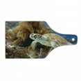 thumbnail image 1 of Turtle Cutting Board, Coral Reef and Sea Turtle Close up Photo Bonaire Island Waters Maritime, Tempered Glass Cutting and Serving Board, Wine Bottle Shape, Pale Coffee Brown Blue, by Ambesonne, 1 of 1